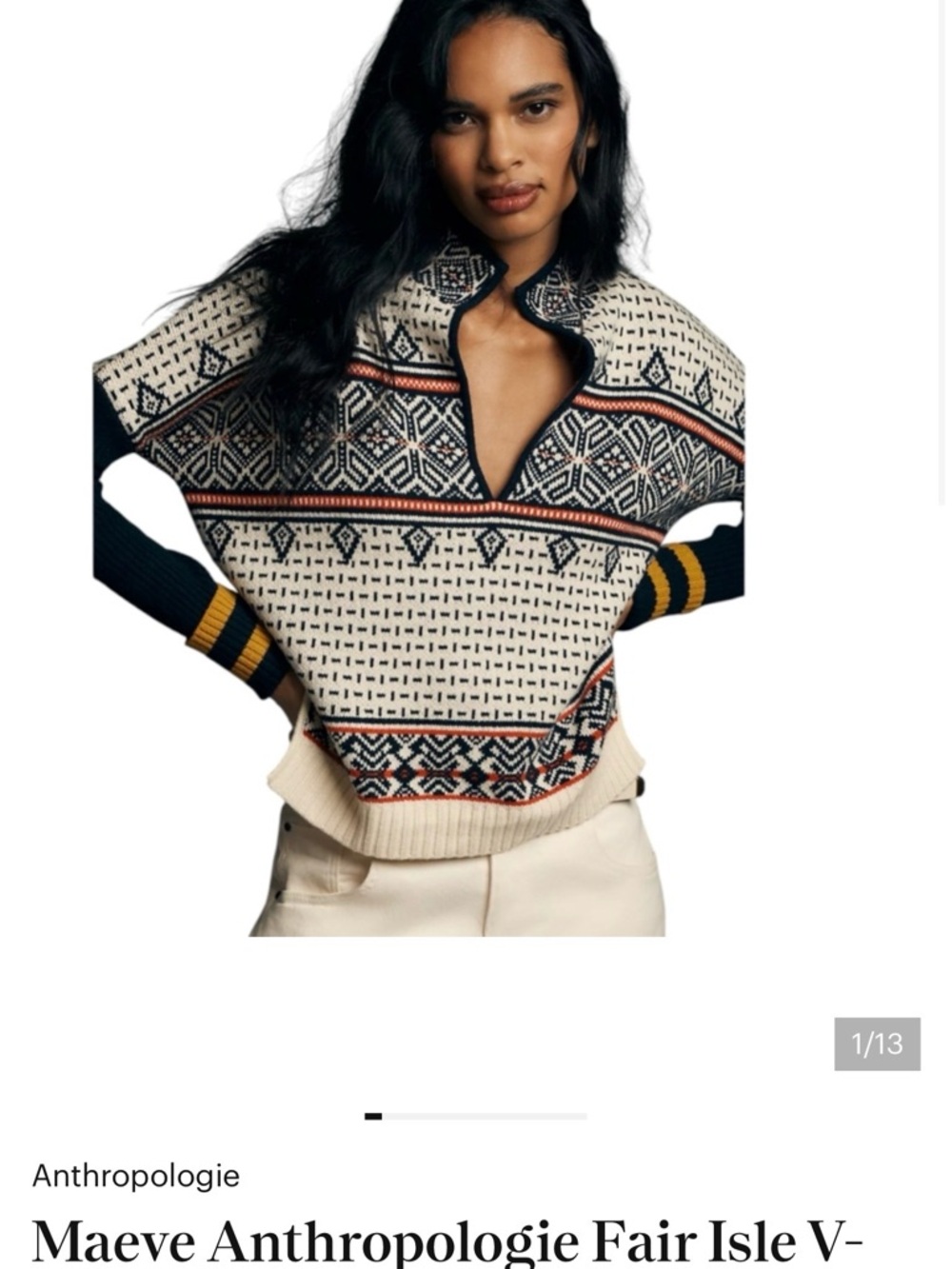 Maeve Anthropologie Fair Isle V-Neck Crop Sweater | M | Cream Navy Merino Boxy